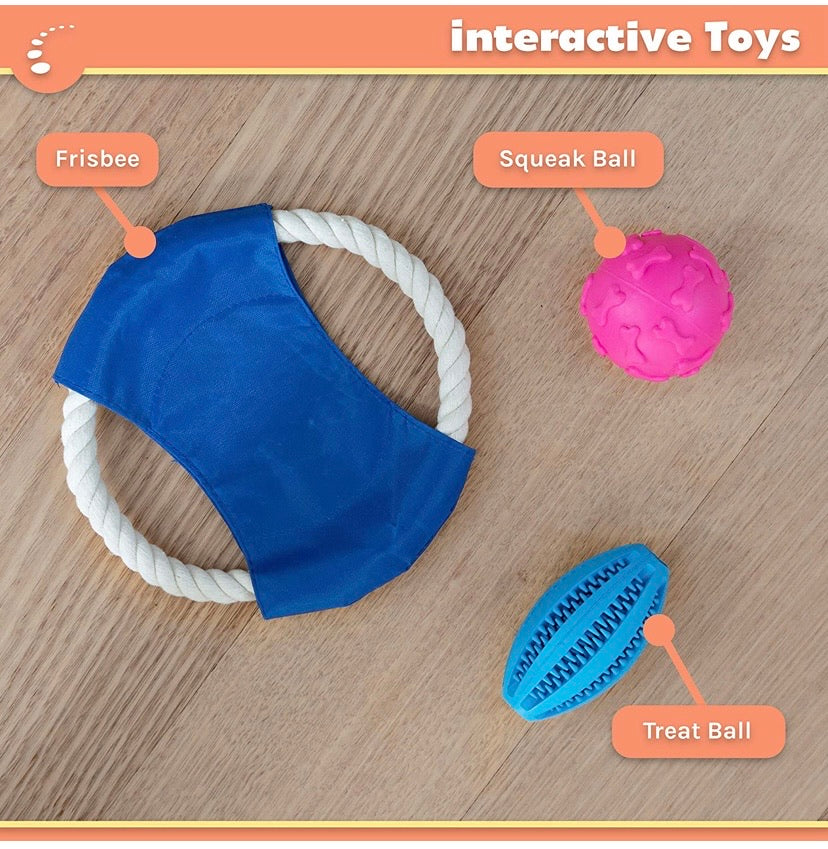Puppy Dog Toys Gift Box - Pet Interactive Dog Rope Toy Starter Set - Tug Cotton Fetch Ball Rubber Training Puppies Play Grooming Glove Portable Travel Bowl