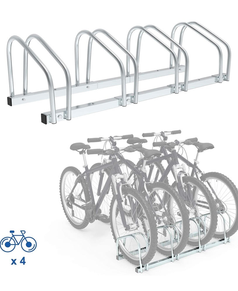 Steel Bike Stand for 4 Bikes, Silver Floor Bike Rack for Garage, Family Bike Rack, Floor and Wall Mount, 99 x 32 x 26 cm, Indoor and Outdoor Bicycle Holder