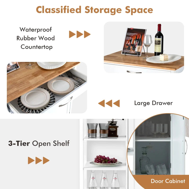 Kitchen Island Trolley Mobile Kitchen Storage Cabinet w/Rubber Wood Top & 3-Tier Open Shelf Serving Cart, White