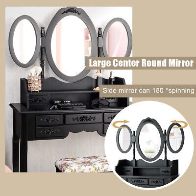 Dressing Table Set w/Makeup Desk & Stool Tri-Folding Vanity Mirror Drawers Black