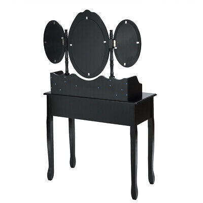 Dressing Table Set w/Makeup Desk & Stool Tri-Folding Vanity Mirror Drawers Black