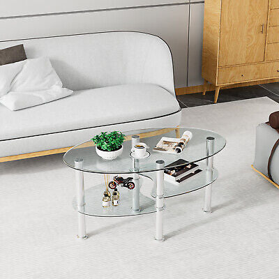 Oval Coffee Table 3-Tier Tempered Glass & Chrome Base Clear Living Room