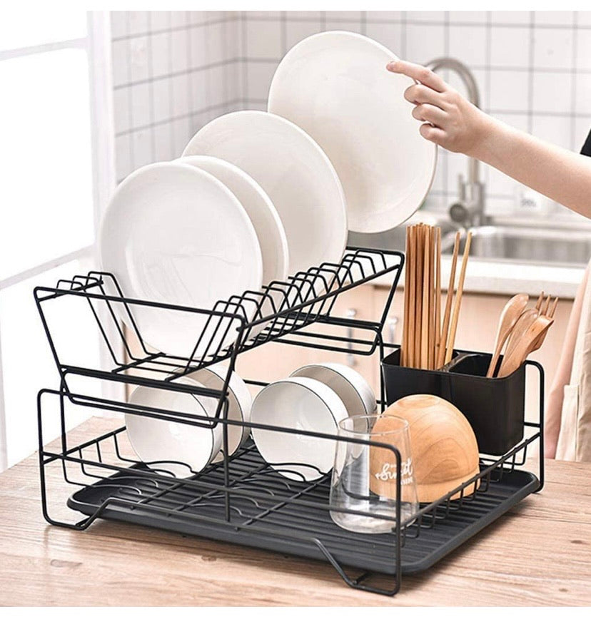 Dish Rack, Dish Drying Rack, 2 Tier Dish Rack with Utensil Holder, Cup Holder and Dish Drainer for Kitchen Counter Top (Black)