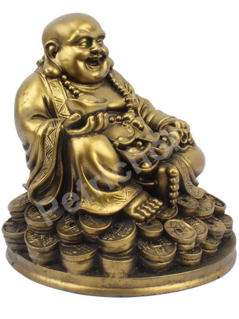 Laughing Buddha Sitting on Lucky Money Coins