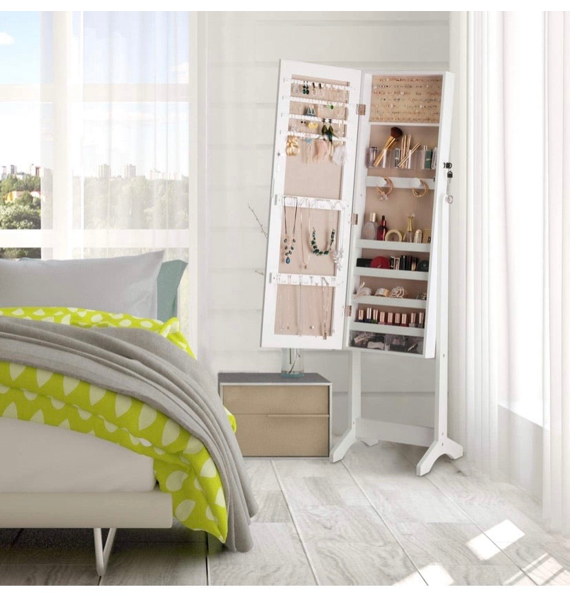 LED Light Jewellery Cabinet Standing full Screen Mirror Makeup Lockable Armoire, Large Cosmetic Storage Organizer w/Brush Holder white