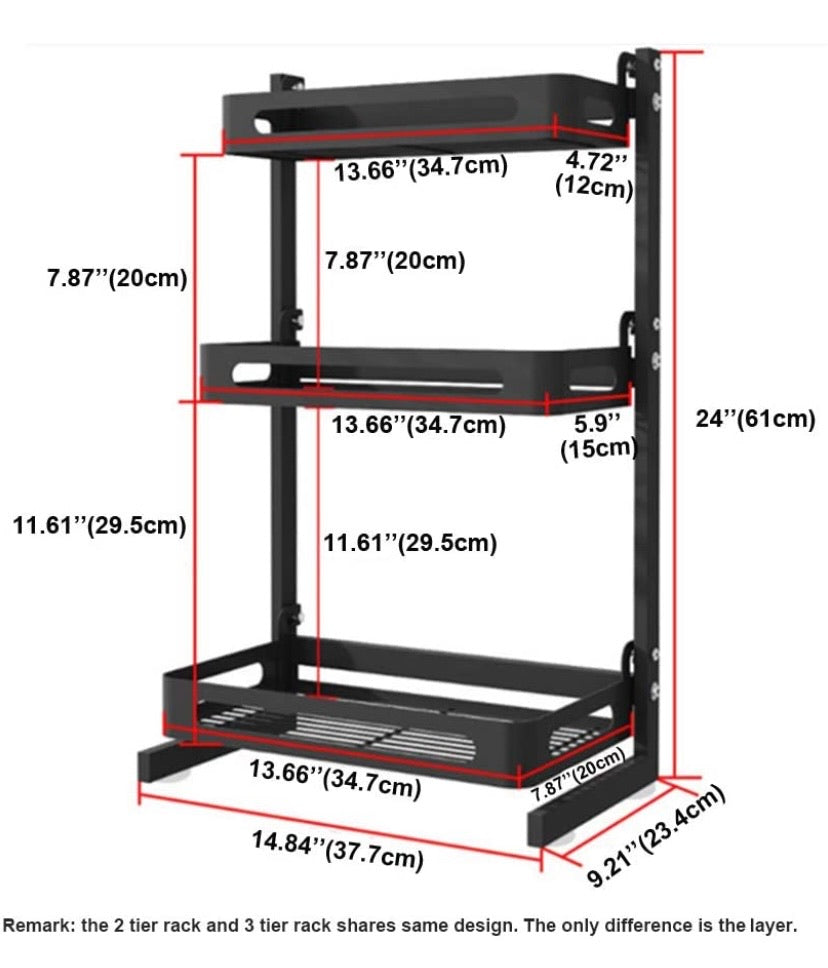 Countertop Spice Rack Set, Stainless Steel Kitchen Cabinet Shelf Organizer, Easy Removable Storage Rack with Knife Holder, Cutting Board Holder and Cutlery Holder, Matte Black (3 Tier)