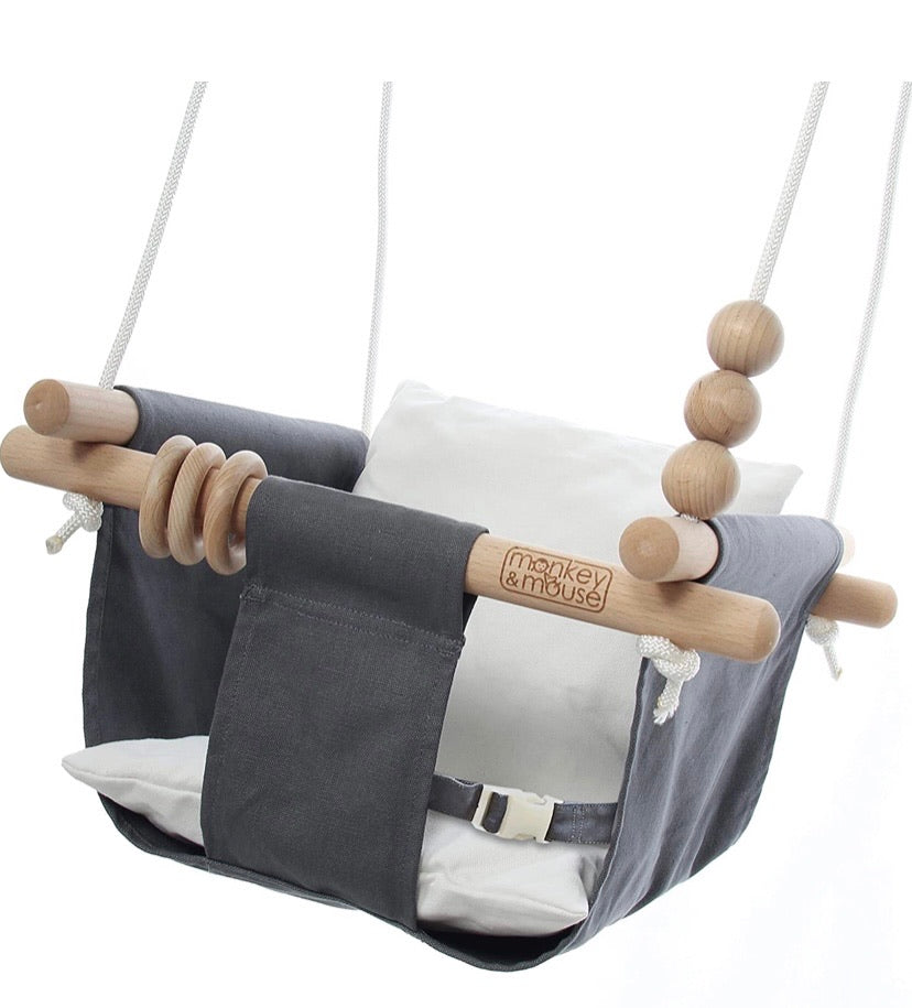 Monkey & Mouse Secure Canvas and Wooden Hanging Swing Seat Chair with a Baby, Infant, Toddler, Kids Toys - Indoor and Outdoor Hammock, for Tree Swings or Backyard Outside Swing Set Use for Infants