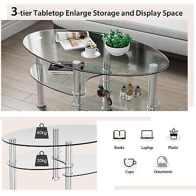 Oval Coffee Table 3-Tier Tempered Glass & Chrome Base Clear Living Room