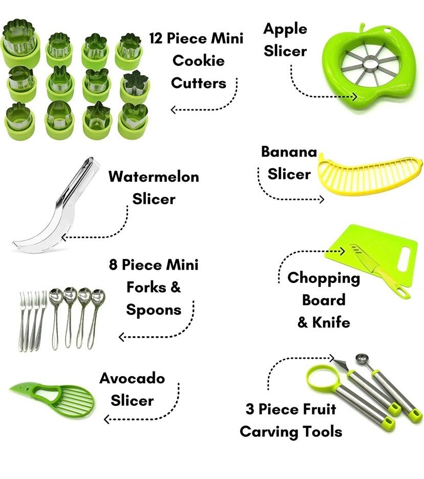 Vegetable Fruit Cutter Shapes Carving Tools Set - 29 pieces - 12 Cute Mini Cookie Cutting Stamps Moulds Flower Heart Star, Melon Baller, Watermelon Cutter, Apple Slicer – Create Fun Food Decoration for Kids Parties