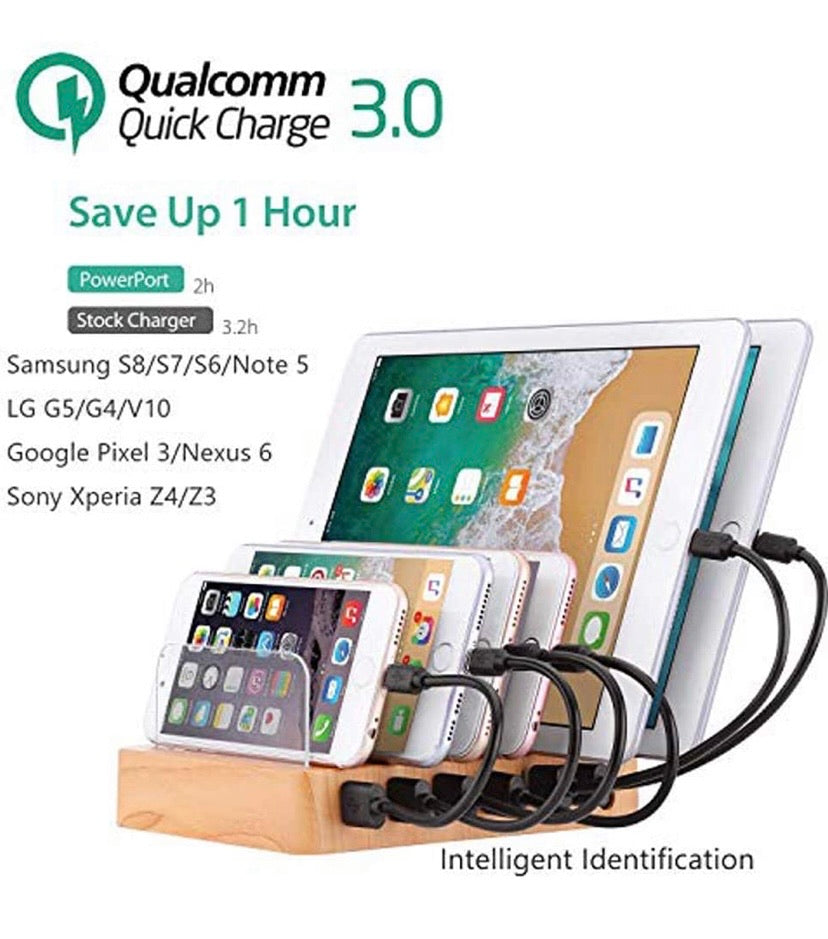 QC 3.0 Charging Station,AIZBO 60W 12A 6 Port Docking Stations & Desk Organizer with Quick Charge 3.0 & 5 Port USB Charger & Removable Watch Holder fit Multiple Devices iPhone/Iwatch/Tablet/Samsung Galaxy/LG and More