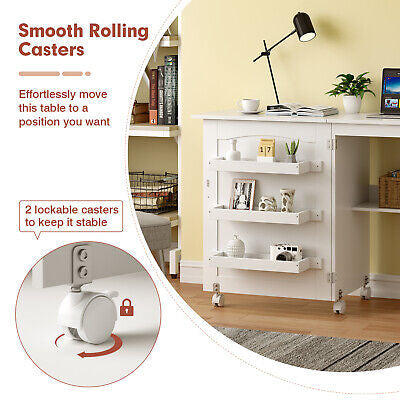 White Folding Sewing Craft Table Shelves Storage Cabinet Home Furniture W/Wheels