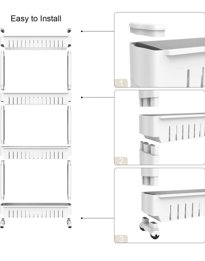 4 Tier Slim Storage Cart Mobile Shelving Unit Organizer Slide Out Storage Rolling Utility Cart Tower, Gap Storage Pantry Storage Rack for Kitchen Bathroom Laundry Narrow Spaces, Plastic, White