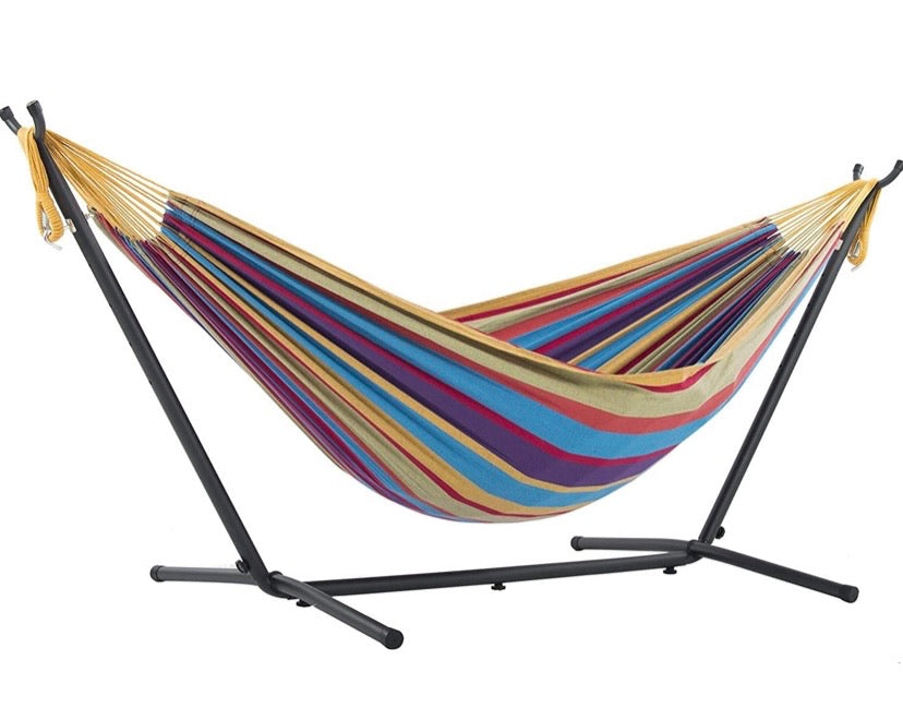 Double Cotton Hammock with Space Saving Steel Stand, Tropical (450 lb Capacity- Premium Carry Bag Included), Tropical with Charcoal Frame, 2 Person