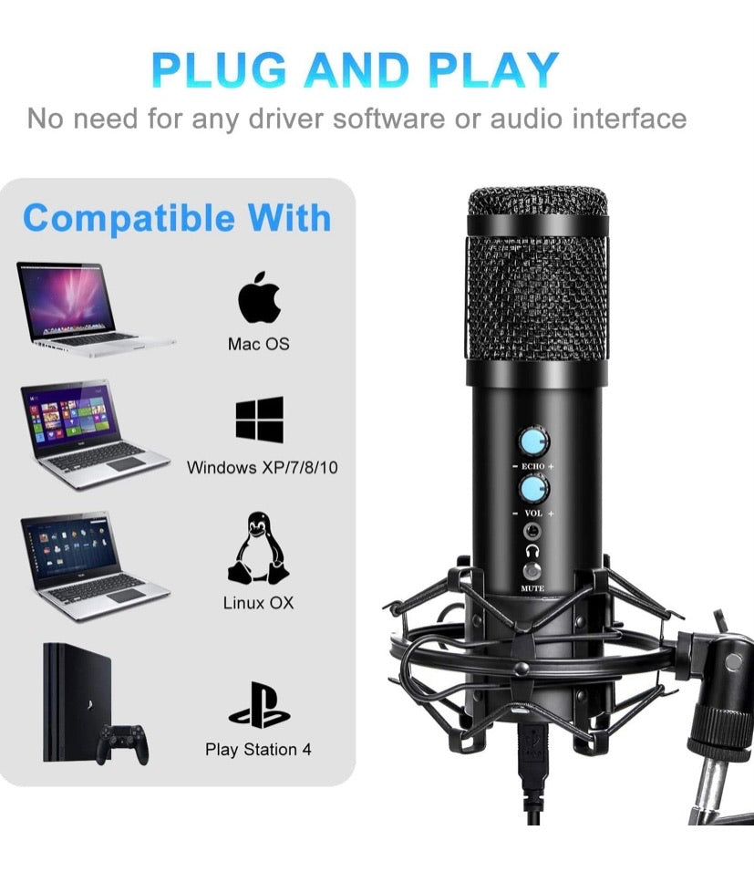 USB Condenser Microphone Kit for Computer, Adjustable Metal Arm Stand,Computer Mic 192kHz/24bit for Professional Streaming Podcast, Live Streaming, YouTube Recording,Gaming,Sing,Studio/Home Recording