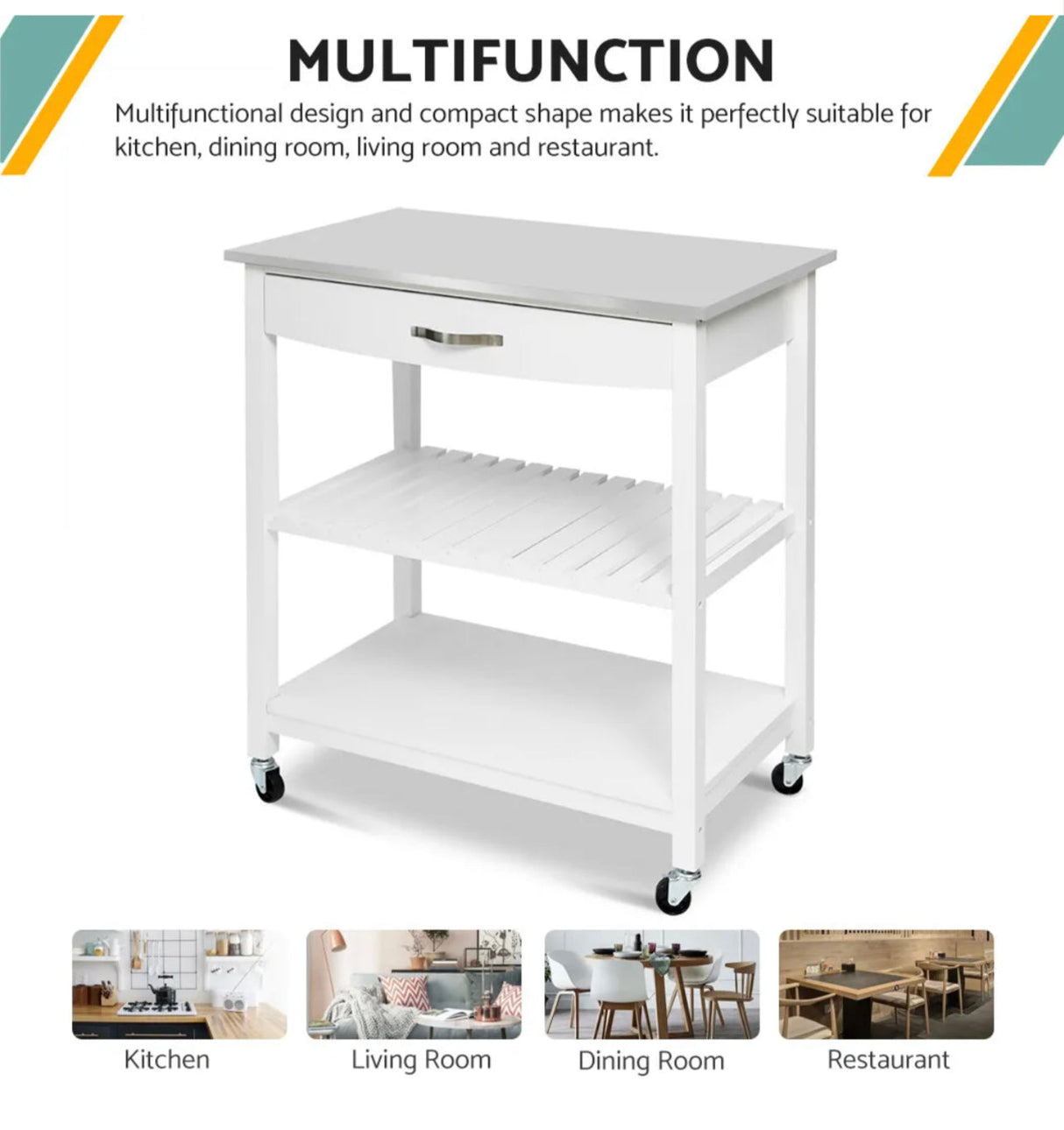 Kitchen Trolley Cart Island Stainless Steel Countertop Locking Wheels White