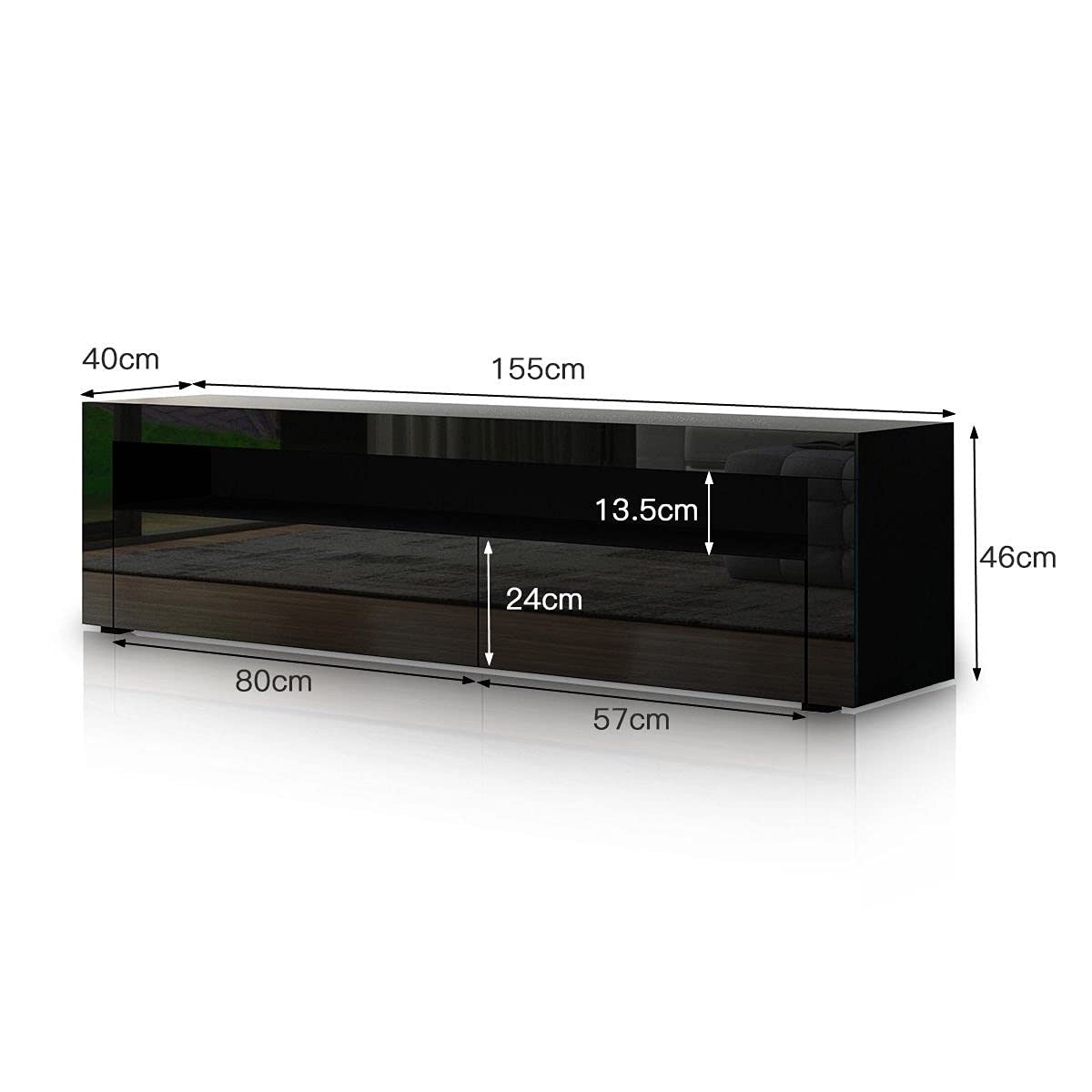 TV Cabinet Stand LED Light TV Entertainment Unit Wood Storage Shelf 2 Doors Black 155CM