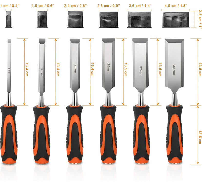 11 Pcs Wood Chisel Set with Case, Premium Wood Carving Tools for Woodworking with 6 Wood Chisels in Heated Tread Cr-V Alloy, 1 Honing Guide, 1 Sharpening Stone, 1 Rule & 2 Carpenter Pencils