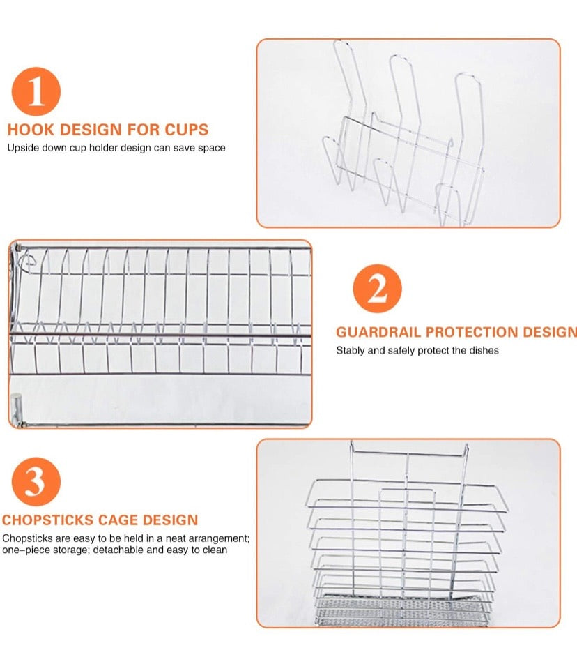 Dish Drying Rack Kitchen-2-Tier Cutlery Metal Draining Dish Drying Rack, with Drain Board