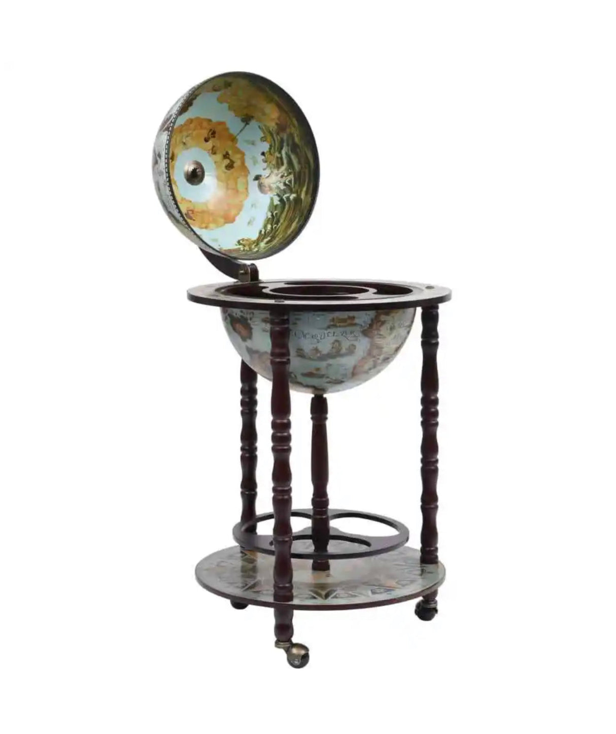Globe Bar Wine Stand Eucalyptus Wood Blue
