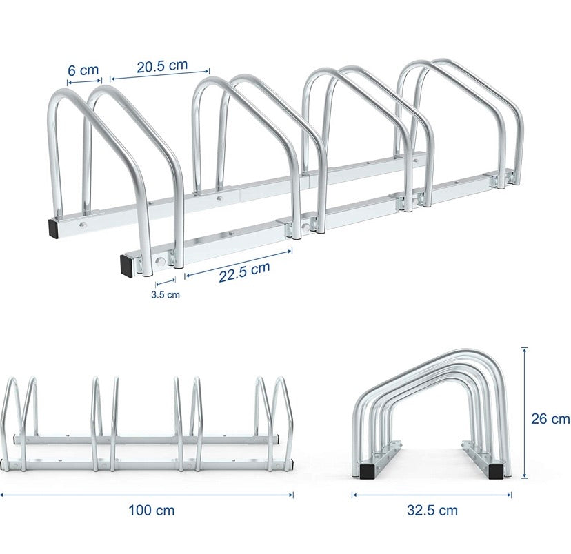 Steel Bike Stand for 4 Bikes, Silver Floor Bike Rack for Garage, Family Bike Rack, Floor and Wall Mount, 99 x 32 x 26 cm, Indoor and Outdoor Bicycle Holder