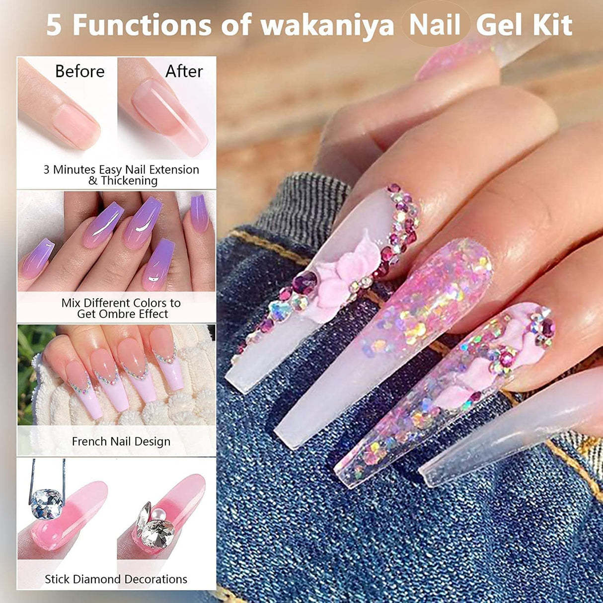 10PCS Poly Gel Nail Kit with UV Lamp 4 Glitter Polly Jell Quick Nail Extension Gel Builder Easy Professional Poly Nail Gel Kit for Starters and Technician DIY Cat Eye French Ombre Nails