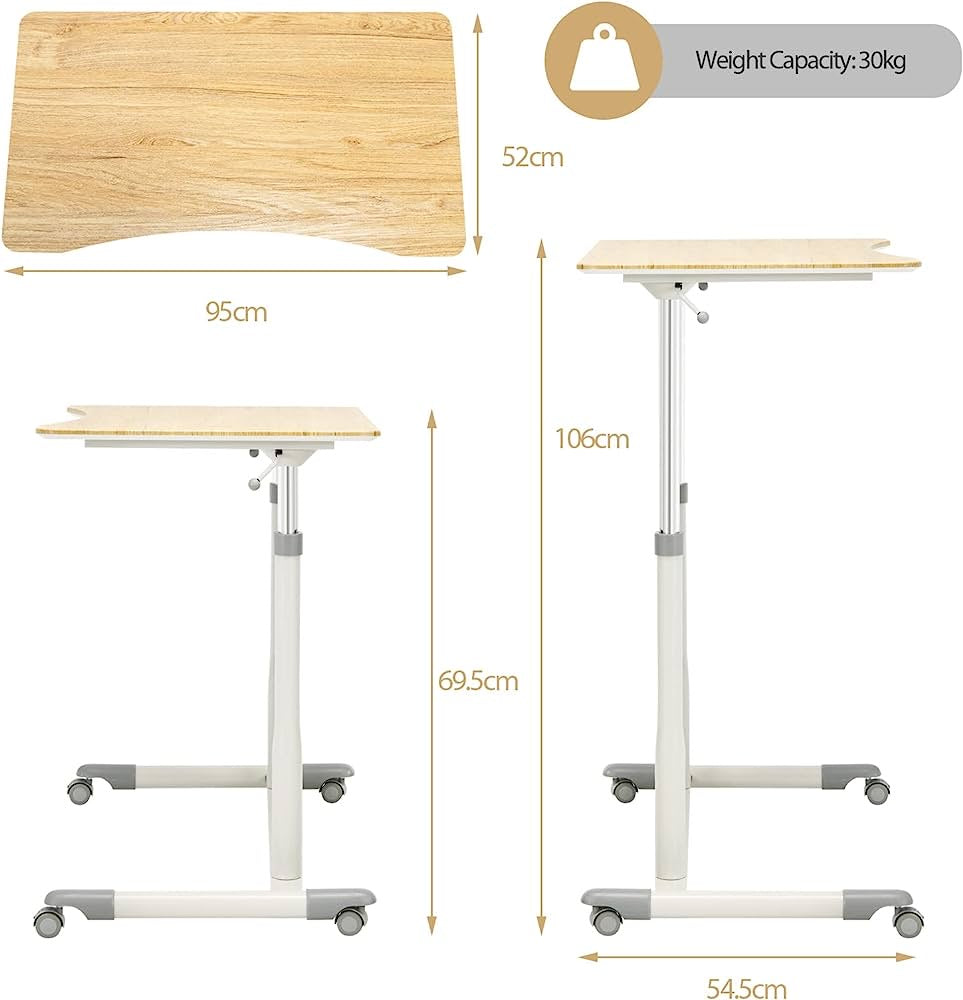 Mobile Height Adjustable Standing Desk, Compact Pneumatic Sit to Stand Up Computer Desk w/ Lockable Wheels, Ergonomic Rolling Laptop Table w/ Steel Frame for Home Office (Brown)