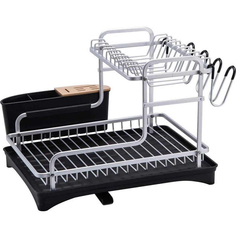 Aluminum Dish Drying Rack 2 Tire,Never Rust Dish Drainer with Removable Cutlery Holder & Cup Holder