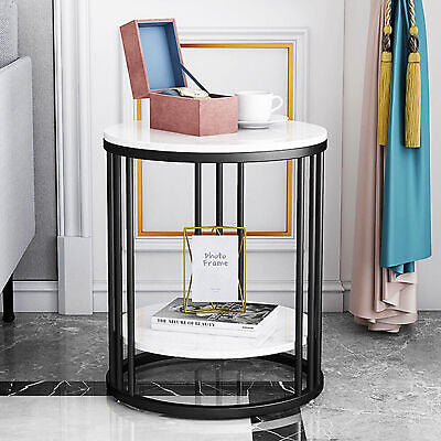 2-Tier Black Marble Side Table Round Coffee Table Nightstand Jewellery Storage
