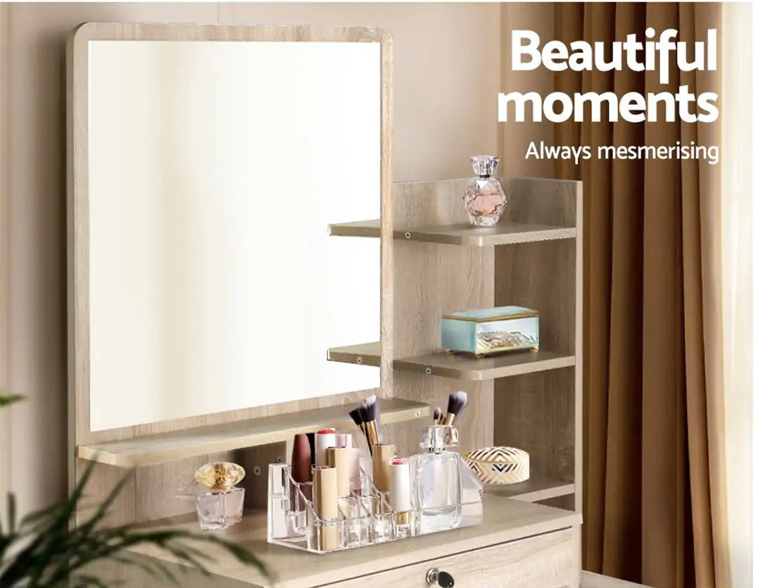 Dressing Table Mirror Stool Set Vanity Storage Desk Oak