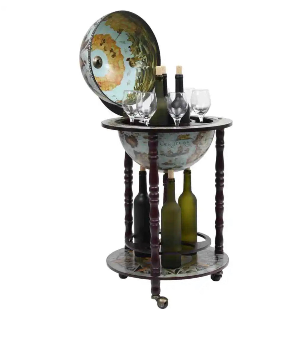 Globe Bar Wine Stand Eucalyptus Wood Blue