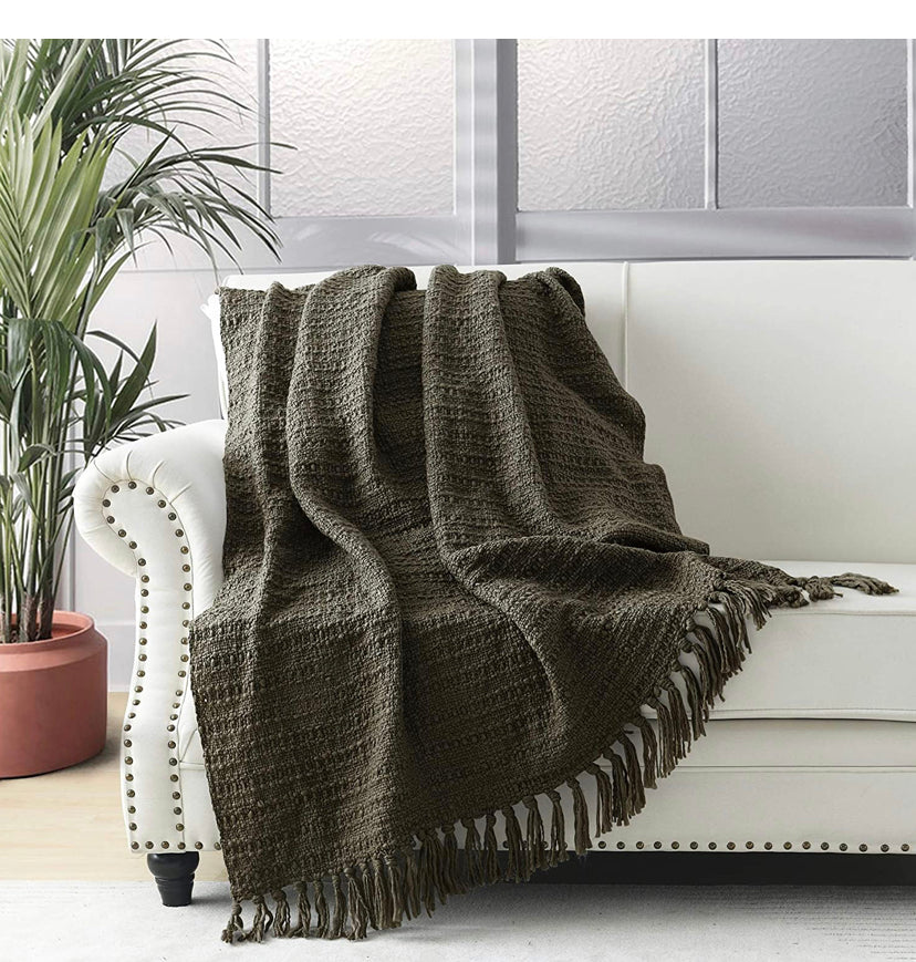 Thick Chunky Olive Knitted Throw Blanket for Couch Chair Sofa Bed, Chic Boho Style Textured Basket Weave Pattern Blanket with Decorative Fringe, 50"X60"