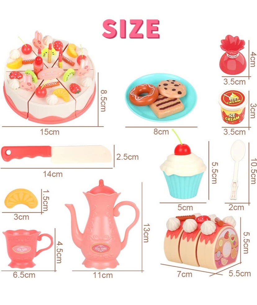 Pretend Play Food for Kids, DIY 82PCS Decorating and Cutting Birthday Party Cake, Tea Set,Candle,Fruits,Biscuits,Desserts,Educational Kitchen Toy with Lights&Sounds for Children,Girls&Boys,Aged 3+