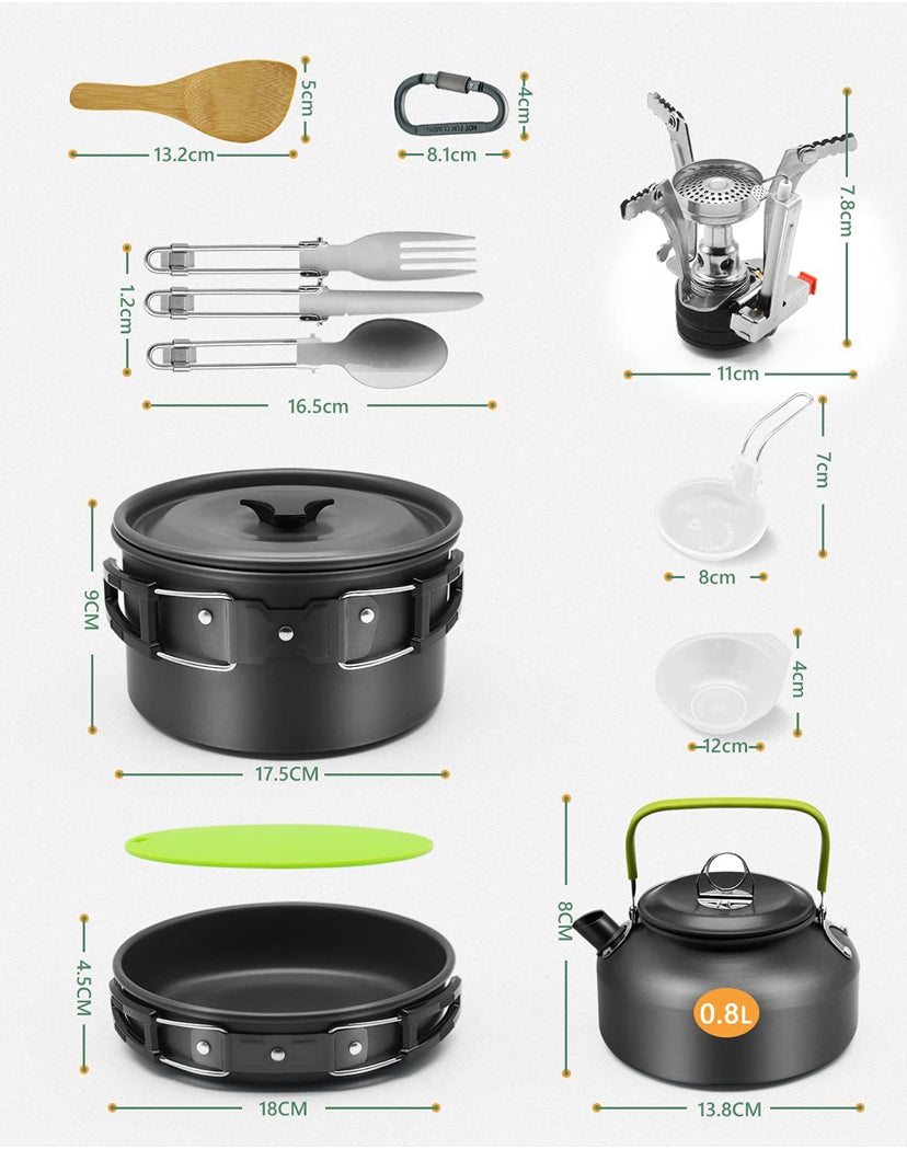 16pcs Camping Cookware Kit, Outdoor Cooking Set with Kettle, Lightweight Camping Pot and Pan for 2 to 3 People Camping, Hiking,Picnic