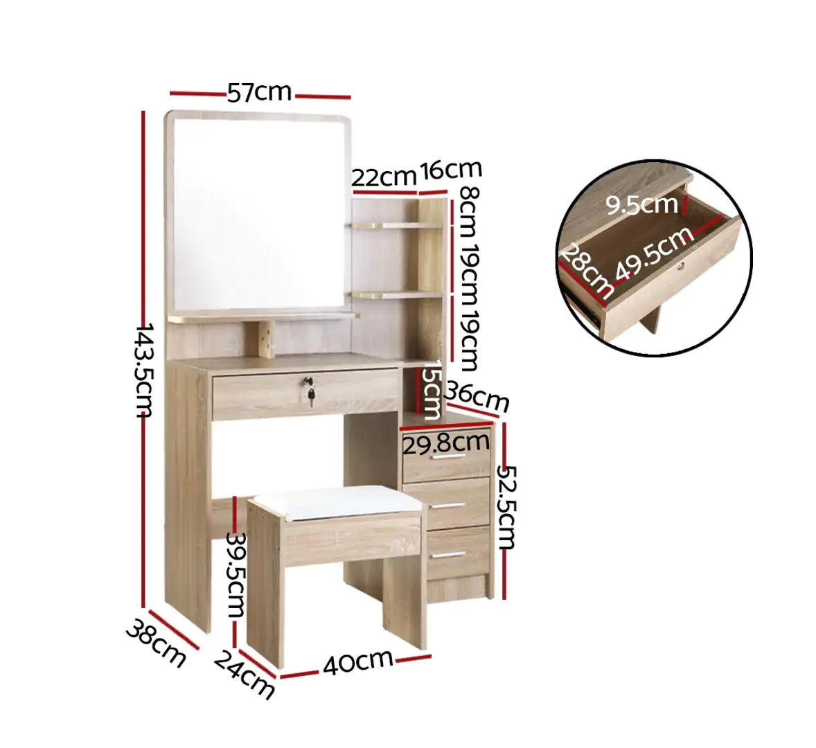Dressing Table Mirror Stool Set Vanity Storage Desk Oak