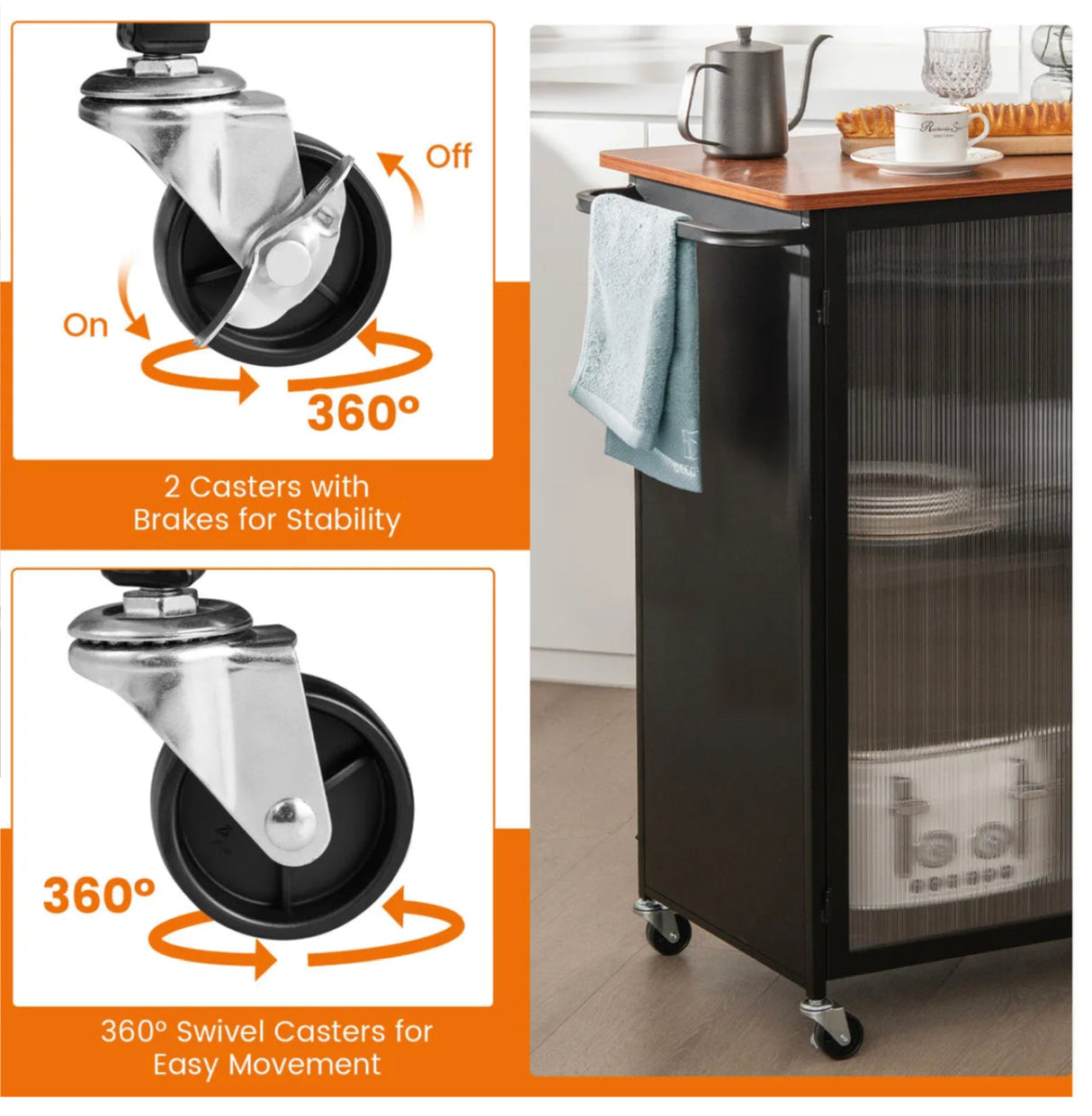 Kitchen Island on Wheels Utility Trolley Rolling Coffee Bar Cart Door & Shelves