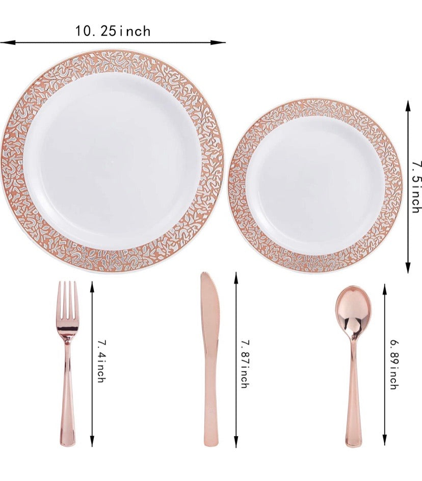 150pcs Rose Gold Plates, Rose Gold Plastic Silverware, Party Plates with Rose Gold Rim, Lace Plastic Plates, Plastic Flatware for Wedding, Enjoylife(Rose Gold 150) (Rose Gold)