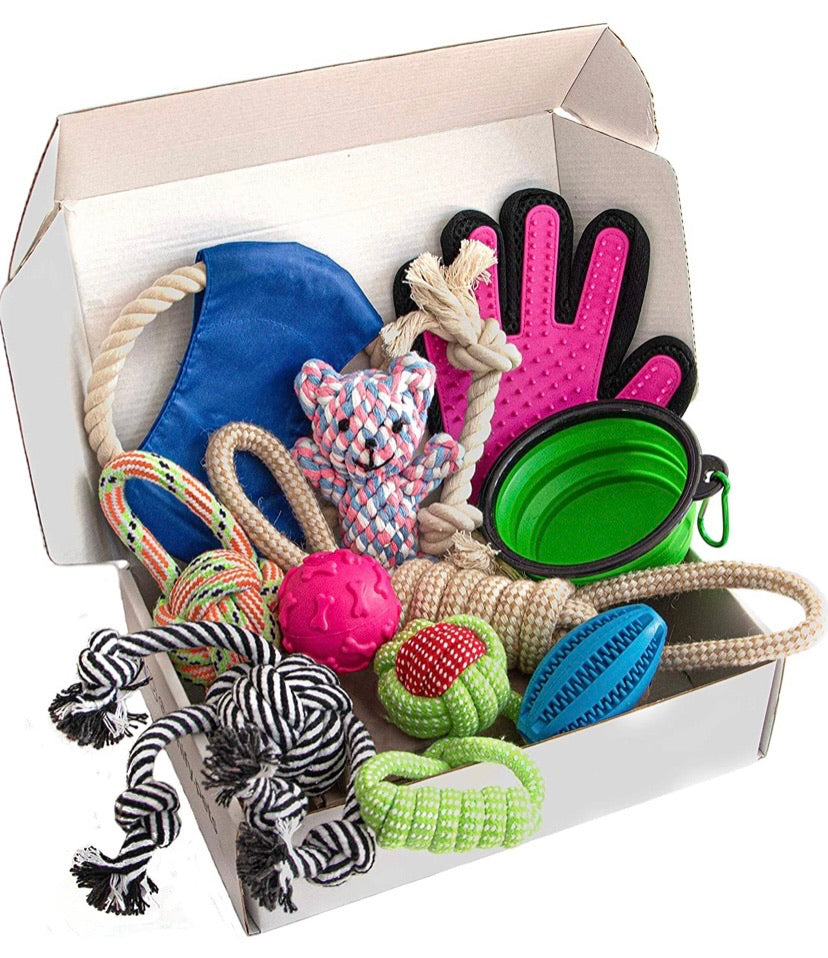 Puppy Dog Toys Gift Box - Pet Interactive Dog Rope Toy Starter Set - Tug Cotton Fetch Ball Rubber Training Puppies Play Grooming Glove Portable Travel Bowl