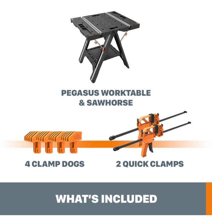 Multi-Function Work Table and Sawhorse with Quick Clamps and Pegs