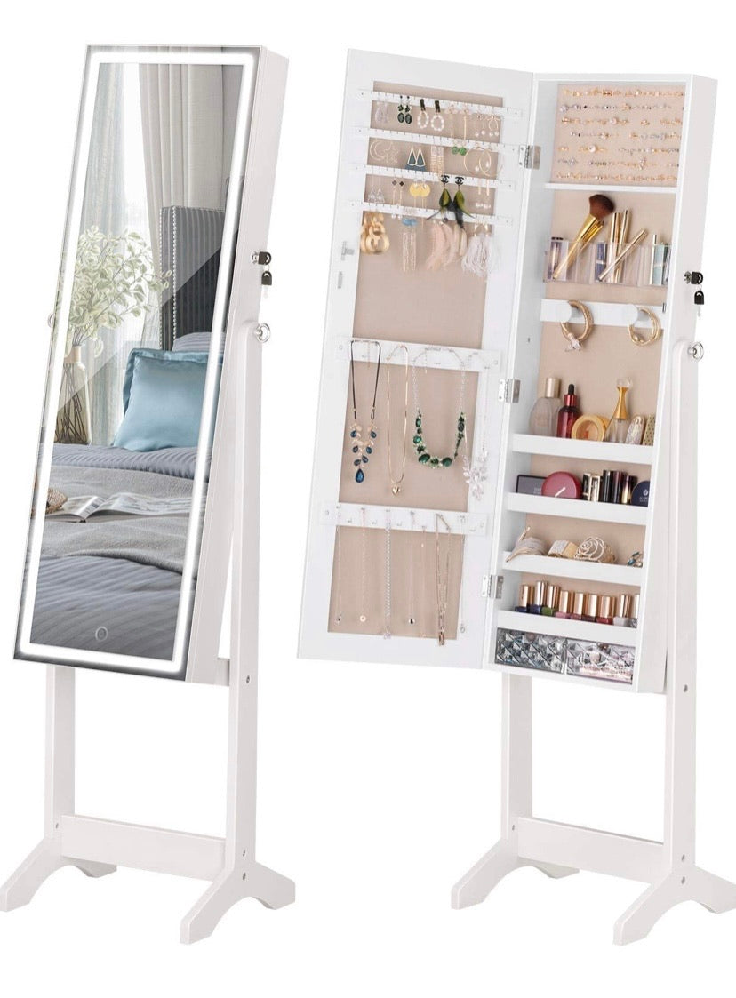 LED Light Jewellery Cabinet Standing full Screen Mirror Makeup Lockable Armoire, Large Cosmetic Storage Organizer w/Brush Holder white