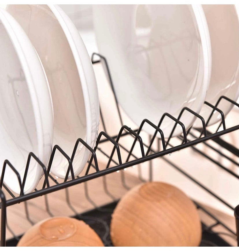 Dish Rack, Dish Drying Rack, 2 Tier Dish Rack with Utensil Holder, Cup Holder and Dish Drainer for Kitchen Counter Top (Black)