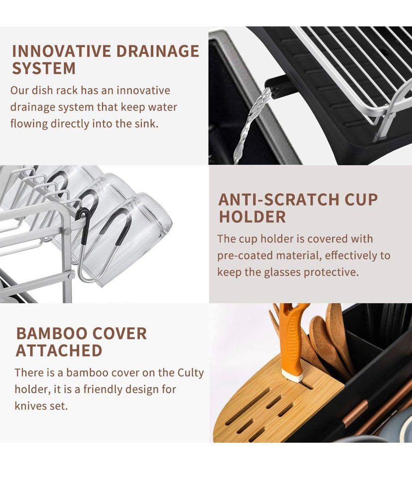 Aluminum Dish Drying Rack 2 Tire,Never Rust Dish Drainer with Removable Cutlery Holder & Cup Holder