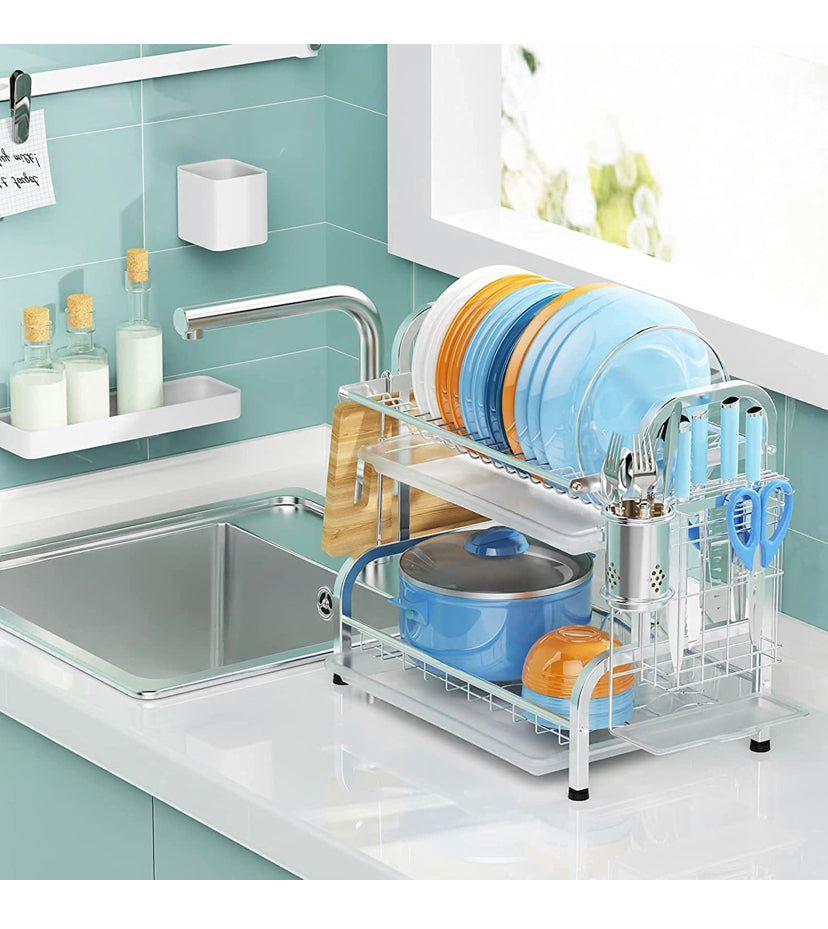 Dish Drying Rack, Haundry Stainless Steel 2-Tier Dish Rack with Utensil Holder, Cutting Board Holder and Dish Drainer for Kitchen Counter, Silver/ black