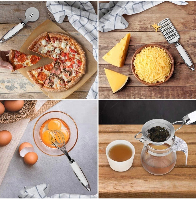 Kitchen Utensil Set - Cooking Stainless Steel Utensil Set - Kitchen Gadgets Cookware Set - Kitchen Tools Set with Soft Touch White Handles