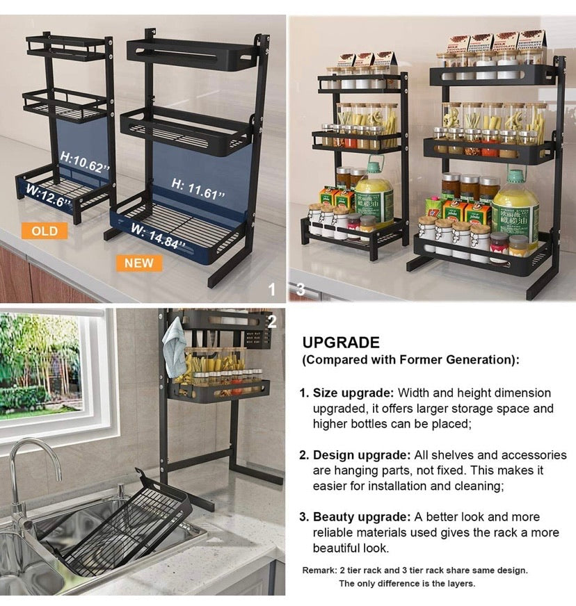 Countertop Spice Rack Set, Stainless Steel Kitchen Cabinet Shelf Organizer, Easy Removable Storage Rack with Knife Holder, Cutting Board Holder and Cutlery Holder, Matte Black (3 Tier)