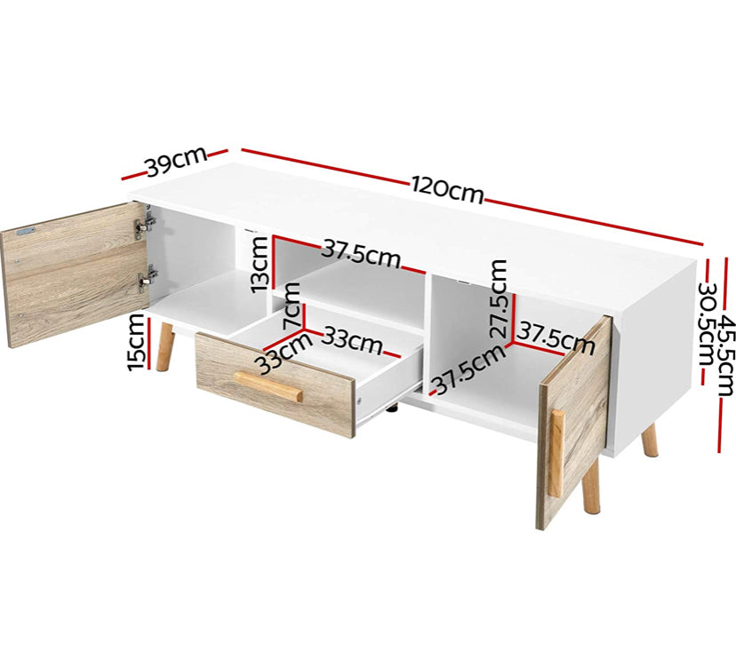 Artiss TV Unit 120cm Length Entertainment Unit Wooden TV Cabinet Scandinavian Console Table, White & Wood