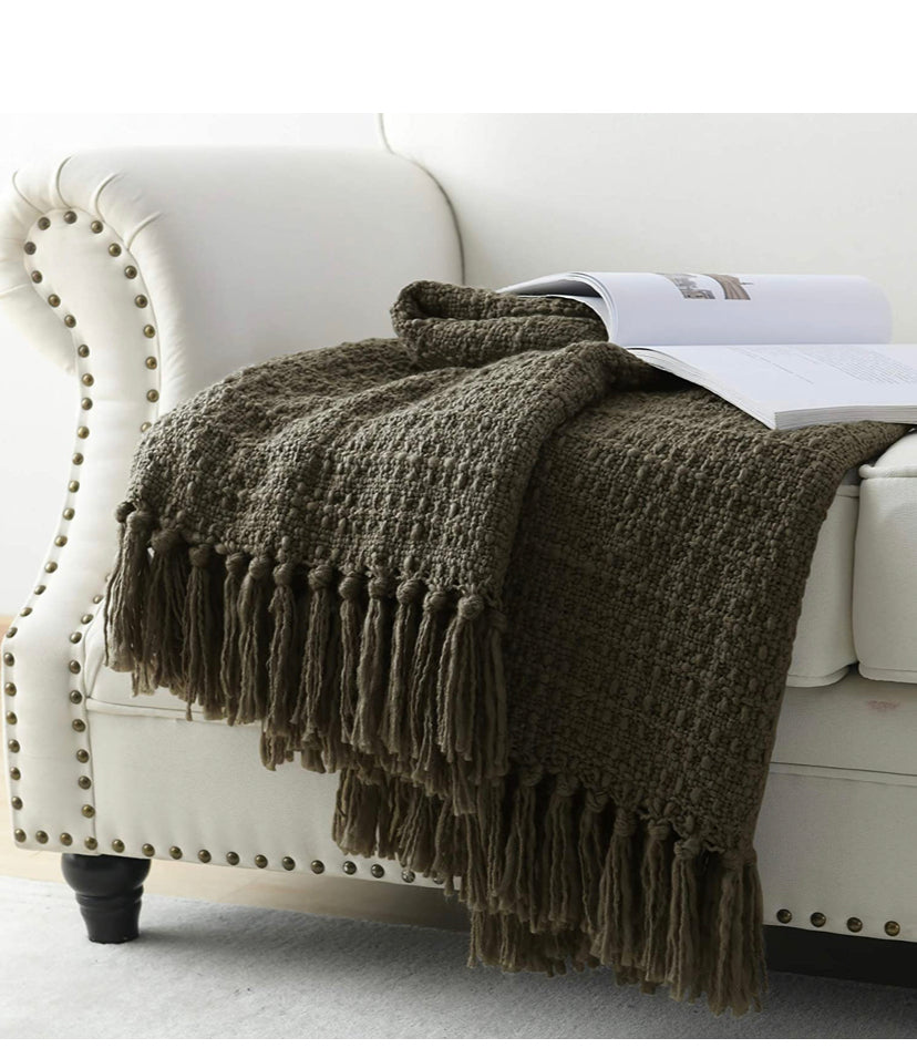 Thick Chunky Olive Knitted Throw Blanket for Couch Chair Sofa Bed, Chic Boho Style Textured Basket Weave Pattern Blanket with Decorative Fringe, 50"X60"
