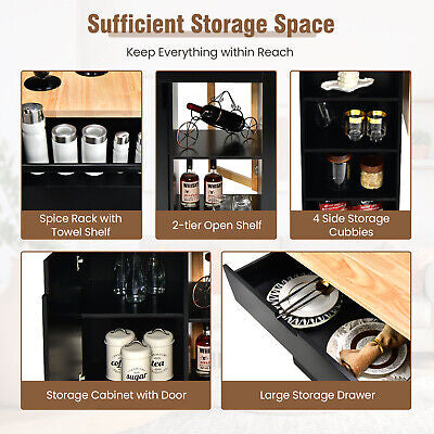 Black Drop-Leaf Rolling Kitchen Island with Cabinet