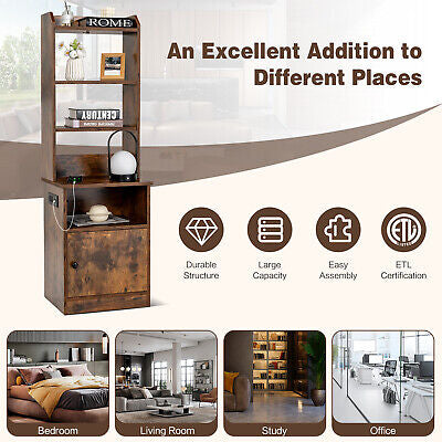 Nightstand Bedside End Side Table Bookshelf w/ Charging Station