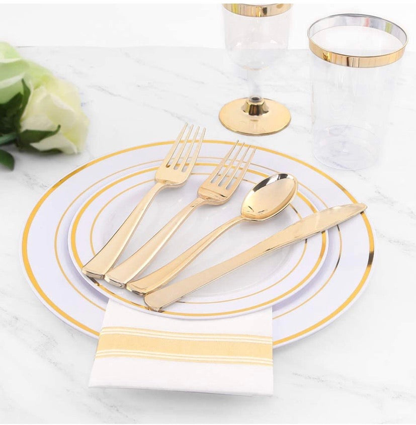 102 pcs Gold Plastic Plates, Disposable Party Plates, Gold Rimmed White Plates, Premium Heavyweight Plates for Wedding, Easter Include 51 Dinner Plates, 51 Dessert Plates, Supernal