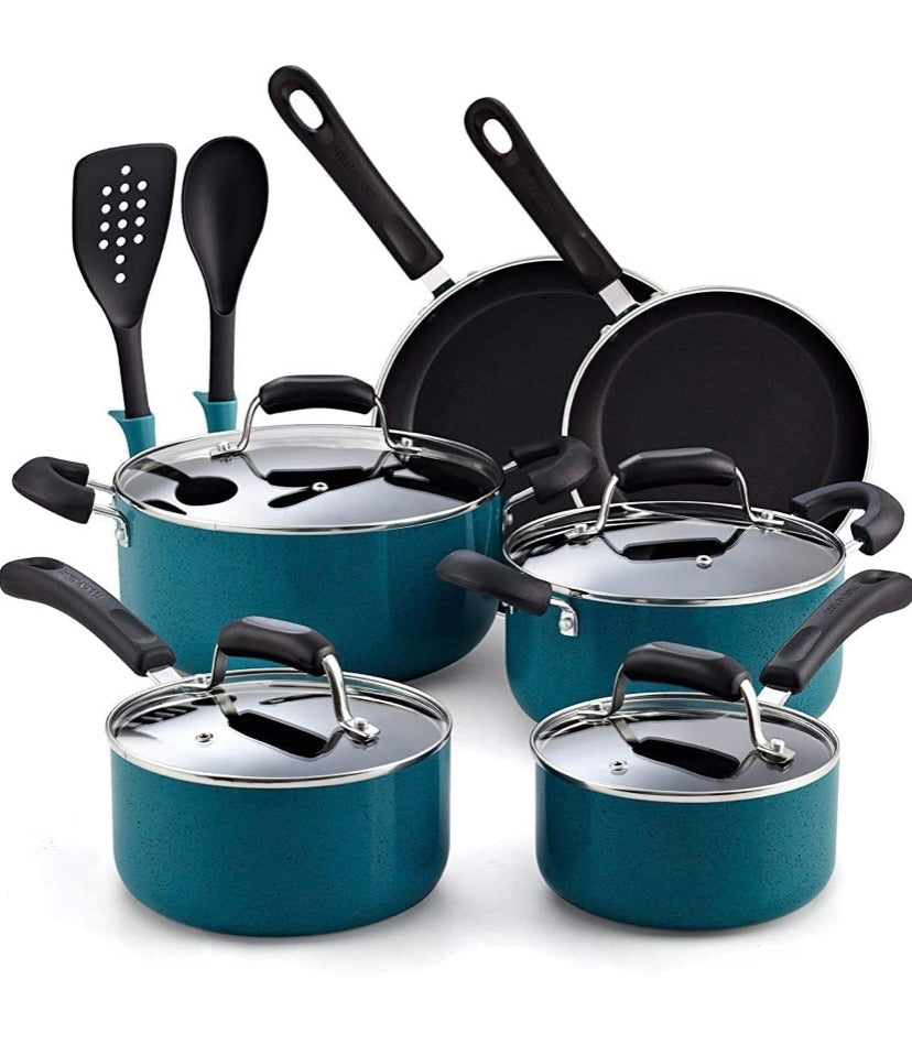 Cook N Home 02588 12-Piece Stay Cool Handle, Turquoise Nonstick Cookware Set